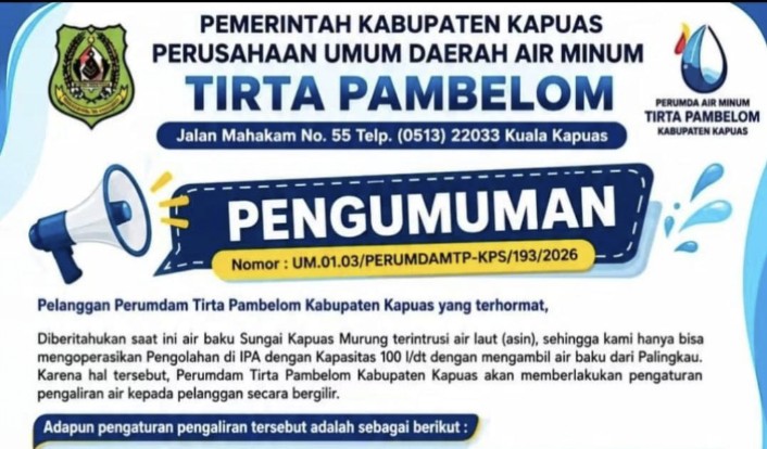 Perumdam Tirta Pambelom Kapuas Terapkan Pengaliran Air Bersih Bergilir