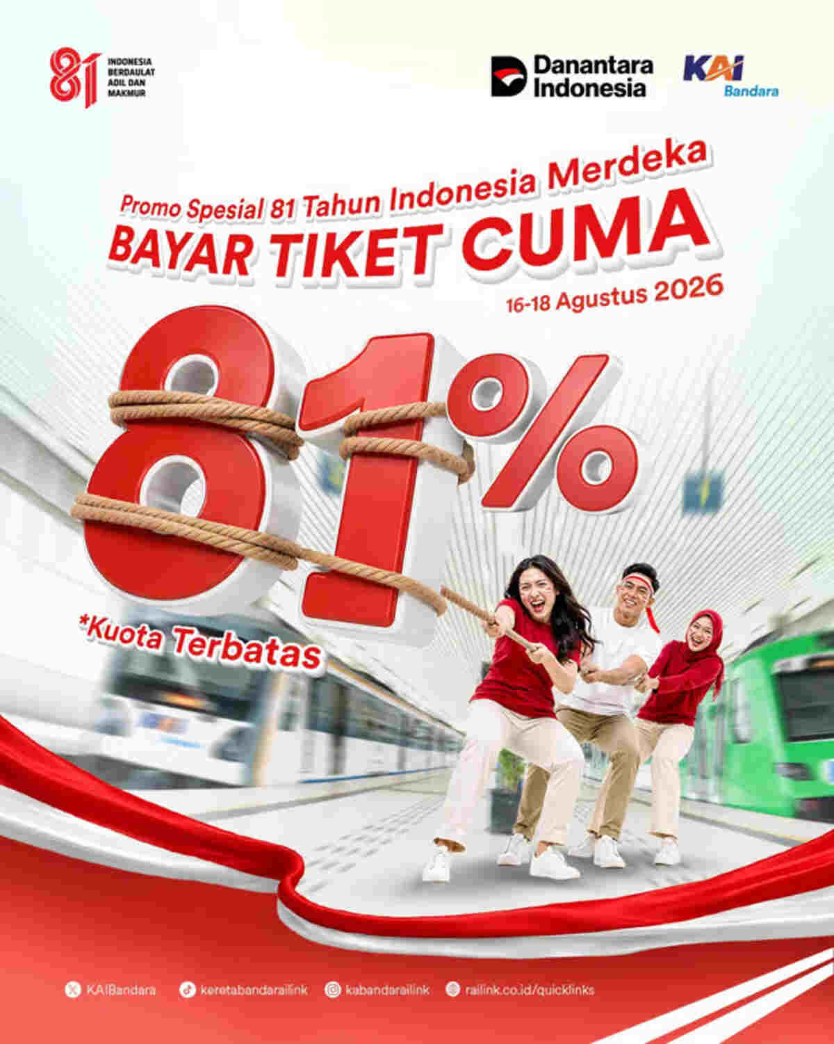 KAI Bandara Hadirkan Promo “Bayar Tiket Cuma 81%” Sambut HUT ke-81 RI