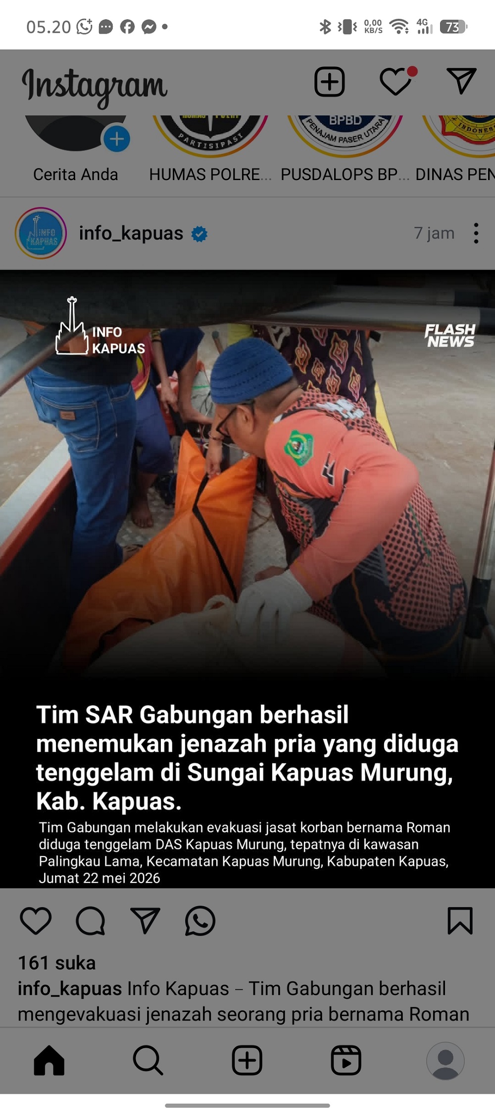 Tenggelam di Muara Dadahup, Jasad Roman Ditemukan Terapung di Palingkau
