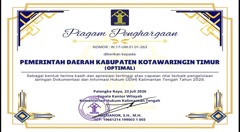 Pengelolaan JDIH Terbaik se-Kalteng, Pemkab Kotim Sabet Predikat Optimal