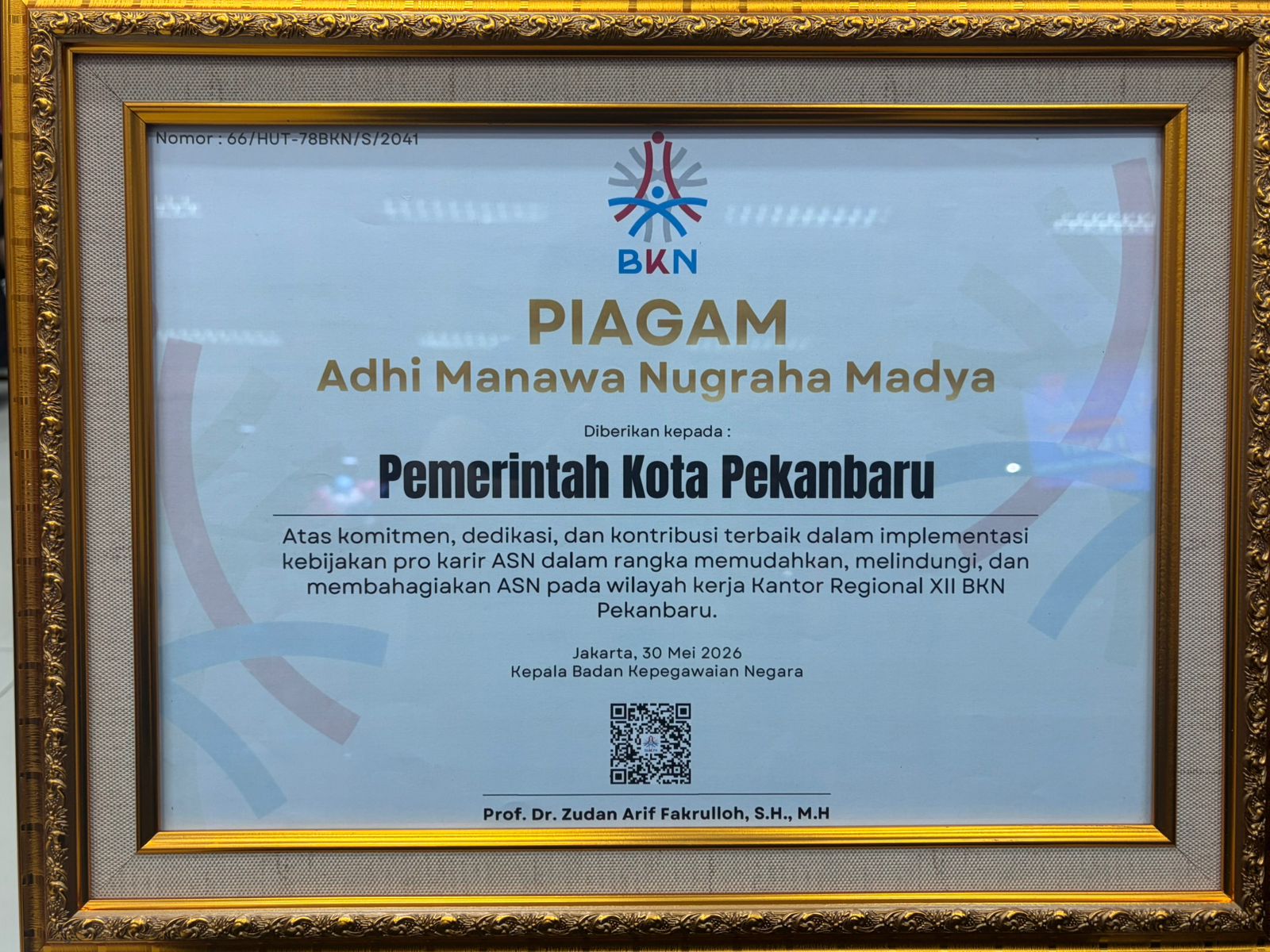 Sukses Terapkan Manajemen ASN, Pemko Pekanbaru Raih Penghargaan dari BKN