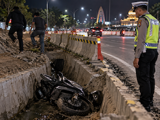 Kecelakaan Tunggal, Motor Masuk Parit Area Proyek Jalan Arifin Ahmad Pekanbaru