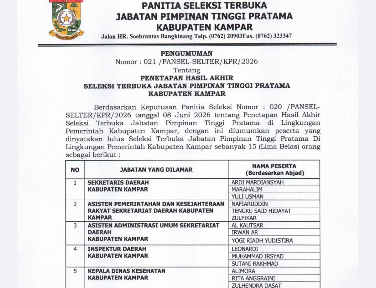 15 Nama Lolos Seleksi JPT Pratama Kampar 2026 Tahap Akhir, Ini Daftarnya