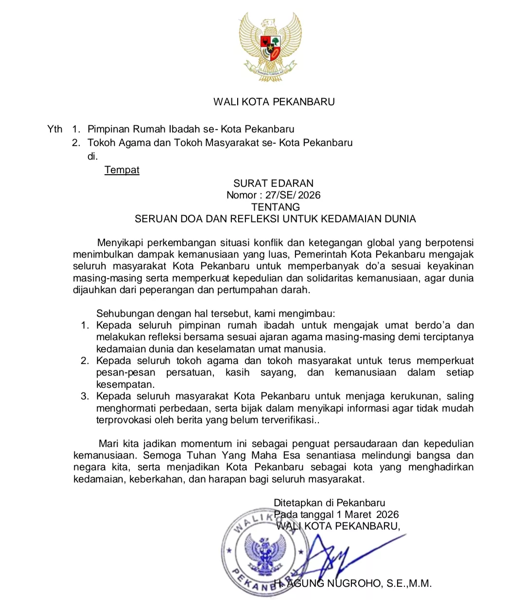 Sikapi Konflik Global, Wako Pekanbaru Terbitkan SE Seruan Doa dan Refleksi untuk Kedamaian Dunia