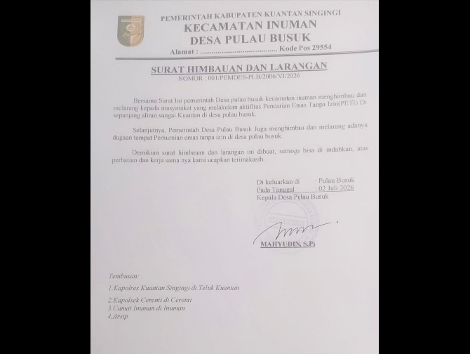 Pemdes Pulau Busuk Keluarkan Larangan PETI di Sungai Kuantan, Kapolres Kuansing Beri Apresiasi