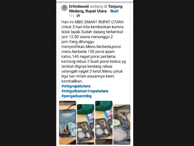 Menu MBG di SMAN 1 Rupat Utara Tak Layak, Makanan Dikembalikan