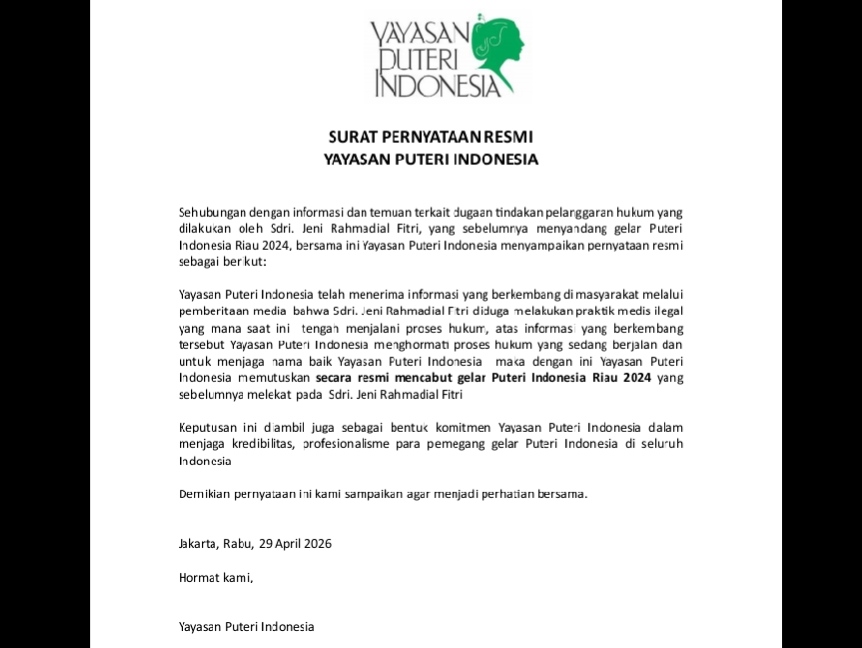 Yayasan Puteri Indonesia Copot Gelar Puteri Indonesia Riau 2024, Ini Alasannya