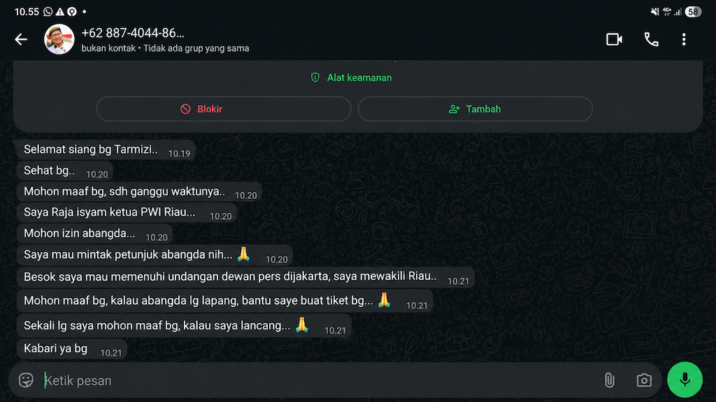 Waspada! Akun WhatsApp Palsu Catut Nama Ketua PWI Riau, Modus Minta Uang Tiket