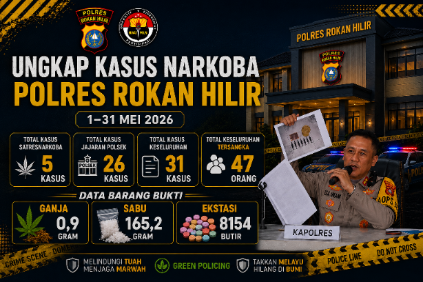 Polres Rohil Ungkap 31 Kasus Narkoba Selama Mei 2026, 47 Tersangka dan Ribuan Pil Ekstasi Diamankan