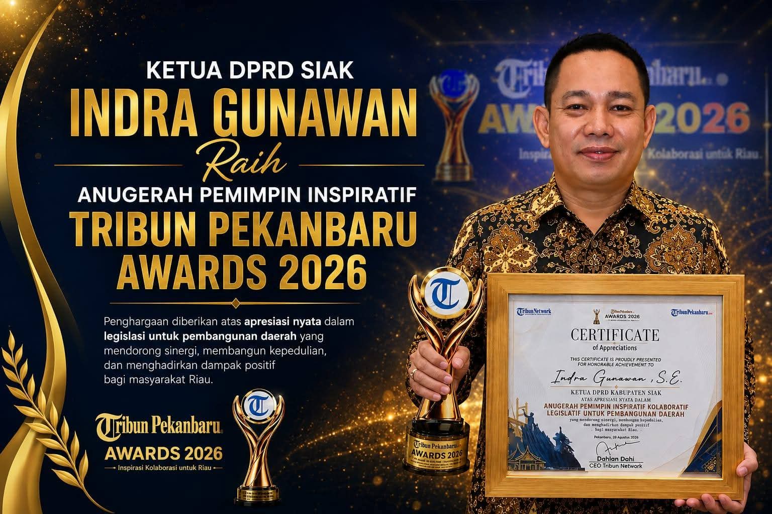 Ketua DPRD Siak Terima Penghargaan Sebagai Pemimpin Inspiratif Pembangunan Daerah